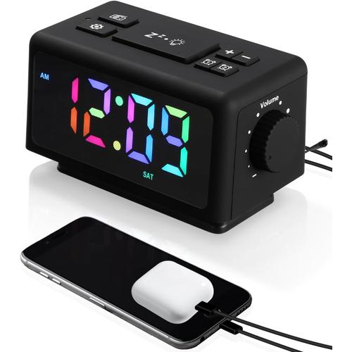 Noir Noir Radio Reveil Digital avec 2 Réveils,électronique Réveil Numérique avec 11 Modes Lumière,LED Horloge Digitale,Snooze,Aide au