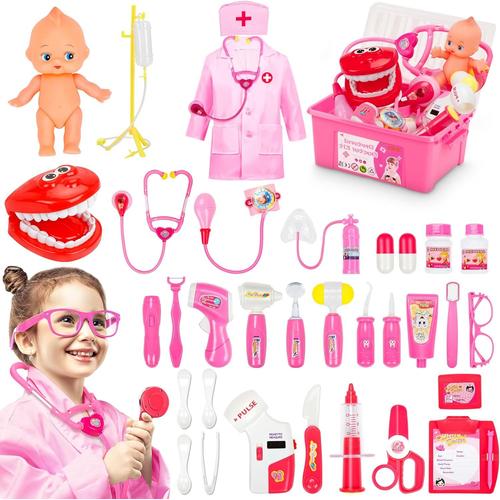 Rose Malette Docteur Jouet | Valise De Medecin Jouet Malette | Veterinaire Dentist Pour Fille Enfants Imitation | Outils Médical Cadeau Pour Enfant Fille Garçon Avec Déguisement Infirmiere 43 Pcs