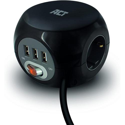 Noir Noir AC2400 Cube multiprise avec USB, Powercube 3 Prises USB (2,4 A) avec Interrupteur, Prise 3 Prises, avec Tampon adhésif pour