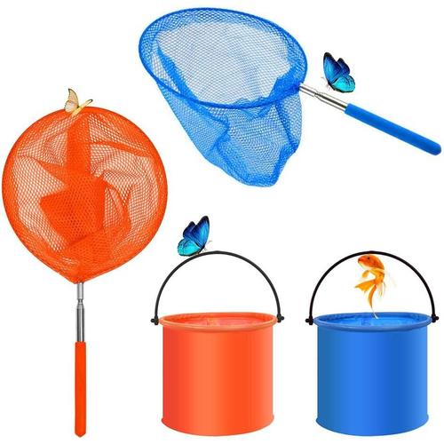 Epuisette Peche pour Enfants, Lot de 2 Filet à Papillon Enfant, Filet de Peche avec 2 pcs Seau d'eau Pliant, Filet de Pêche Idéal pour Attraper Les Insectes, Poissons, étang, Piscine, Jardin