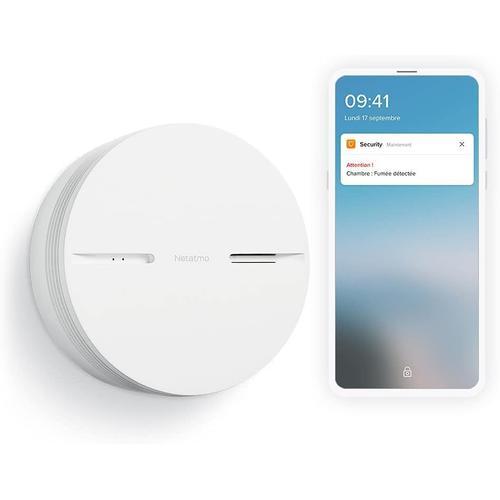 Blanc Blanc Netatmo Détecteur de Fumée Intelligent, 10 ans de batterie, Tests automatisés, Alarme Incendie connectée sans box domotique,