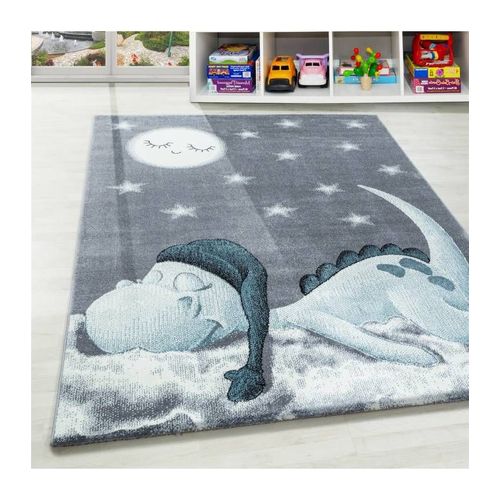 Kinderteppich Bébé Tapis De Chambre D'enfants Doux Dino Motif Gris Bleu Blanc