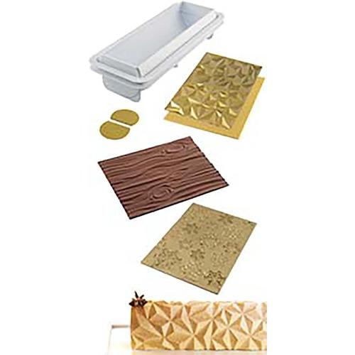 Blanc, Or & Marron - SET KIT DIAMOND BUCHE + FROZEN BUCHE MAT + MAGIC WOOD MAT - Set Moule + 4 Tapis en Silicone, Blanc, Or & Marron