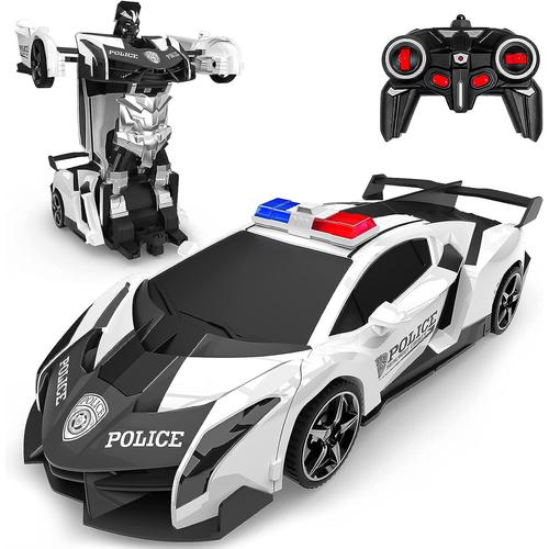 Blanc Voiture Télécommandée - 2 En 1 Robot Jouets Transformable Rc 2.4ghz Voiture Police Radiocommande Avec 360°Rotation