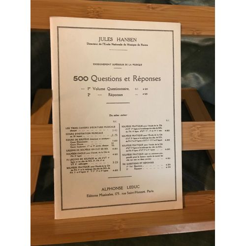 Jules Hansen 500 Questions Réponses 1er Vol. Questions Formation Musicale Leduc