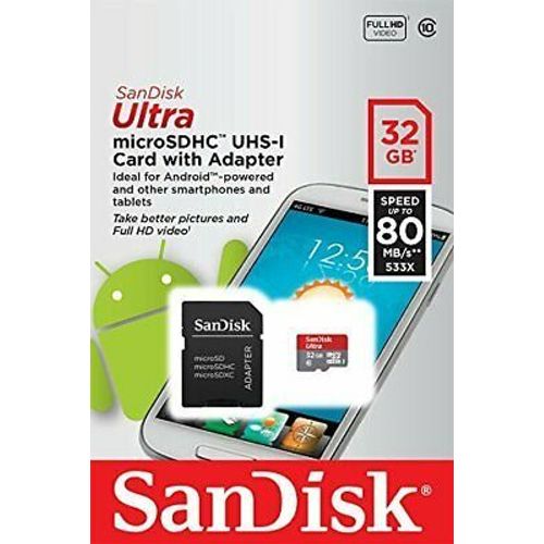 SanDisk Ultra Android MicroSDHC 32 Go Carte Mémoire + Adaptateur SD jusqu'à 80 Mo/s, Classe 10
