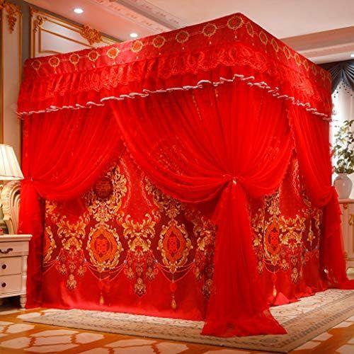 Red Bed Canopy With Net Moustiquaire Romantique Rouge À 4 Coins Avec Ciel De Lit De Luxe 2 En 1 Pour Filles, Femmes, Adultes,