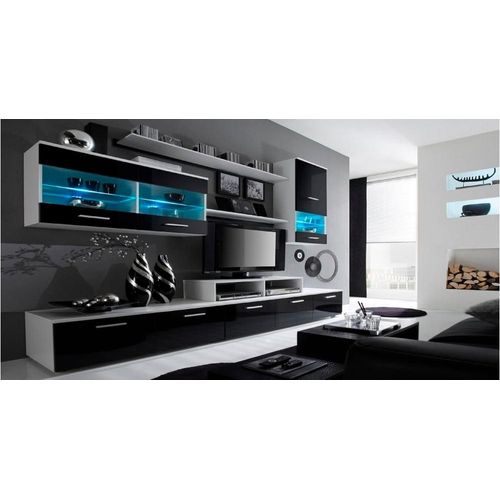 Ensemble De Meubles De Salon,Tv, Ilumin.Led, Blanc Mate/Noir Laqué, 250x194x42cm