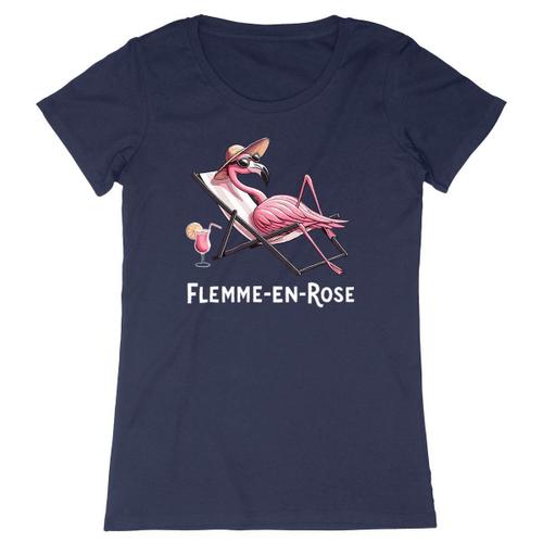 Tee Shirt "Flemme En Rose" - Pour Femme - Confectionné En France - Coton 100% Bio - Cadeau Animaux Anniversaire Original Rigolo
