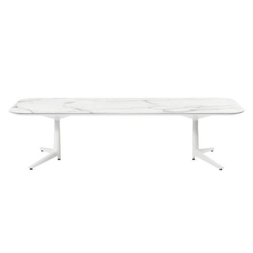 Kartell Table Basse Multiplo Low Avec Plateau Rectangulaire Arrondi (Blanc - Aluminium Moulé Et Plateau En Céramique Finition Marbre)