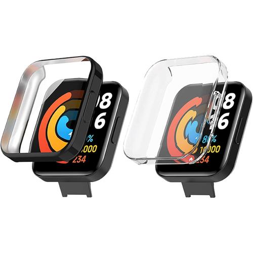 Lot De 2 Coque Compatible Avec Xiaomi Redmi Watch 2 Lite, Coque De Protection Avec Protecteur D'écran, Anti Choc Anti Rayures Hd Tpu Protector Case Noir + Transparent