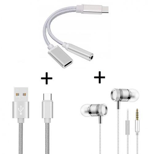 Pack pour JBL FLIP 5 (Adaptateur Type C/Jack + Cable Chargeur Metal Type C + Ecouteurs Metal) (ARGENT)