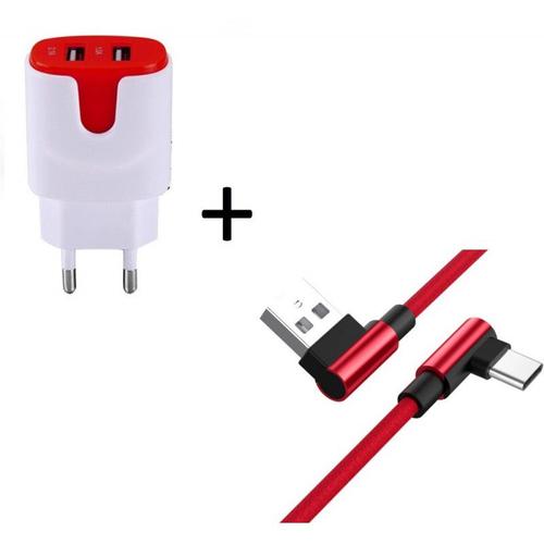 Pack pour JBL FLIP 5 Smartphone Type C (Cable 90 degres Fast Charge + Double Prise Secteur Couleur) - ROUGE