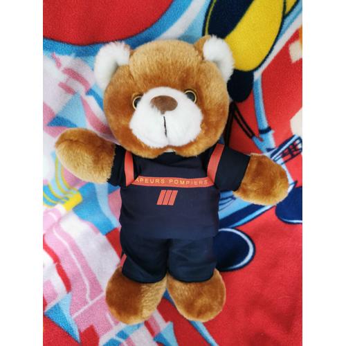 Peluche Ours Marron Blanc Sapeurs Pompiers Bleu Rouge