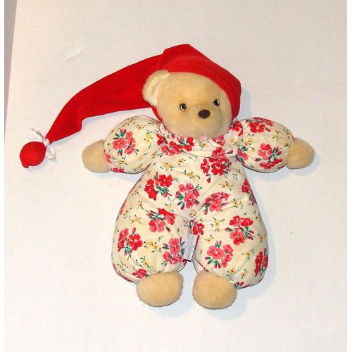 Peluche Ours Habit Tissus Fleurs Et Capuche Rouge Nounours Doudou Ours Grelot 34 Cm