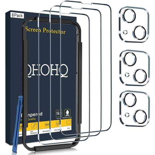 Lot De 3 Verres De Protection Blindés Pour Iphone 14 Plus 6,7"" Avec Film Trempé Pour Appareil Photo, Dureté 9h, Ultra Hd, Anti-Rayures, 0,33 Mm Ultra Transparent, Compatible Avec Les Coques, Avec Cadre De Montage Simple]