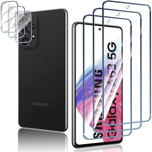 Pour Verre Trempé Compatible Avec Samsung Galaxy A53 5g Et 4g Verre Trempé, 3 Morceaux De Film De Verre Trempé, 3 Morceaux De Film De Protection D'appareil Photo, Verre De Protection Anti-Rayures De Dureté 9h Et Protection D'appareil Photo