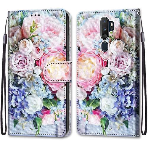 Pour Oppo A9 2020/A11x Étui En Cuir Pour Oppo A5 2020/A11 Pu Portefeuille Fentes Pour Cartes Magnétique Holster Case Antichoc Anti-Rayures Support Housse De Protection - Fleurs Fraîches