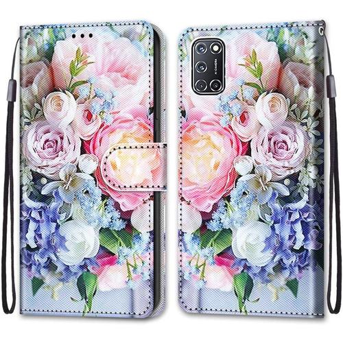 Pour Oppo A92 Étui En Cuir Pour Oppo A52 A72 A92 Pu Portefeuille Fentes Pour Cartes Magnétique Holster Case Antichoc Anti-Rayures Étui De Protection Avec Support - Fleurs Fraîches