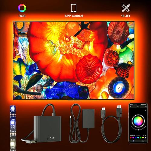 Led Tv Rétroéclairage Synchronisation Image Hdmi Box,1080p@60hz 5m Rgb Fancy Led Light Strips Support 12v/1a Power Supply, Pure Color For 75-85 Inch Tv App Control.