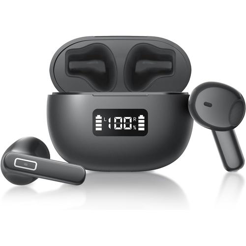 Ecouteurs Bluetooth 5.3 sans Fil, Ecouteurs Bluetooth Noir, 30h Durée de Lecture avec Écran LED et Commandes tactiles, ENC Réduction de Bruit Mic, qualité sonore Hi-FI,Faible Latence