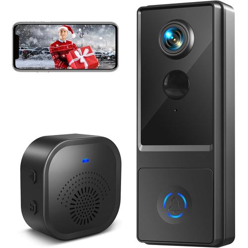 Noir Noir Sonnette sans Fil avec Caméra, 1080P HD Visiophone Exterieur Etanche 2.4G WiFi avec Carillon Détection Mouvement PIR, Vision