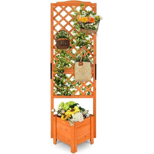 Orange Orange Jardinière Avec Treillis En Bois De Sapin Avec Trou De Drainage, Bac À Fleurs Pour Plante Grimpante Vigne, Lit De Jardin