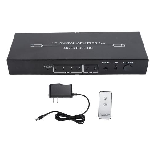 Répartiteur d'interface multimédia HD 2 entrées 4 sorties, commutateur HD 4K avec télécommande pour moniteurs, téléviseurs, projecteurs, prise US 100-240V