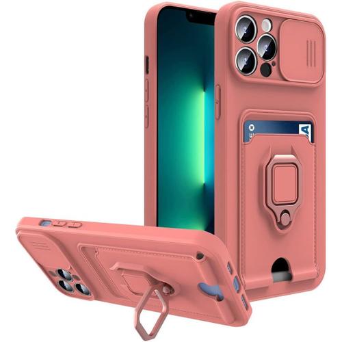 Coque Pour Iphone 11 Pro Card Holder Protection De La Caméra Étui En Silicone Porte-Cartes Et Portefeuille Housse Avec Anneau Et Support Voiture Magnétique Antichoc Case Bumper, Rose