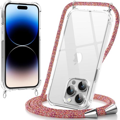 Coque Avec Cordon Pour Iphone 14 Pro Max, Étui Laniere Telephone Portable, Transparent Coque Avec Collier Réglable Lanyard Case Longe 1.6m - Violet Arc-En-Ciel