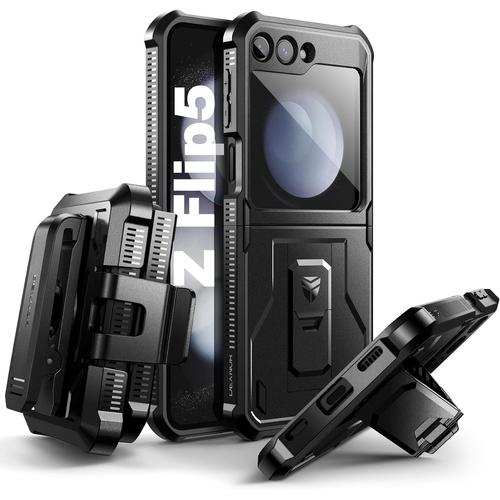 Pour Coque Samsung Galaxy Z Flip 5 5g, Boîtier De Téléphone Double Corps Solide Avec Économiseur D'écran Intégré Et Échafaudage - Noir