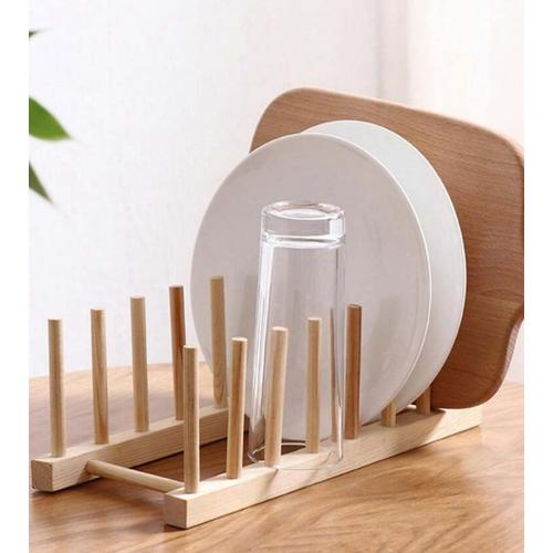 Brun Support pour assiettes de cuisine - Egouttoir à assiettes en bois à 6 colonnes et 5 grilles - Porte assiettes en bois - organisateur pour assiettes, tasses, couvercles - range-assiettes 24 cm