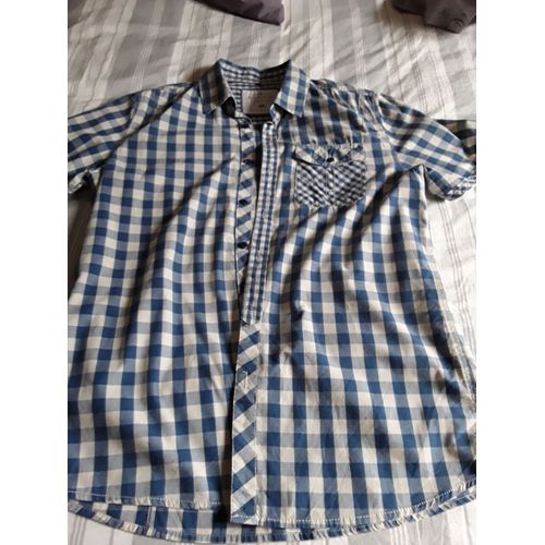 Chemise Homme Taille M Manches Courtes A Carreaux Sur Fond Bleu Et Écru