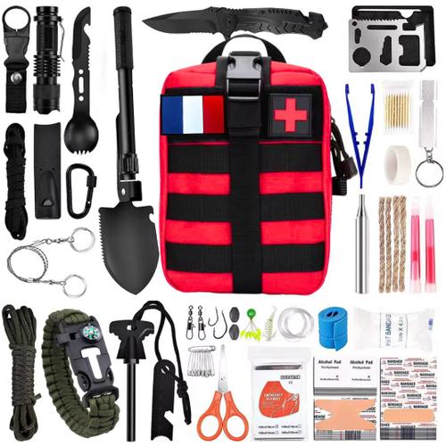 Kit De Survie Sac Complet Rouge - Trousse De Secours + Hachette Multifonction