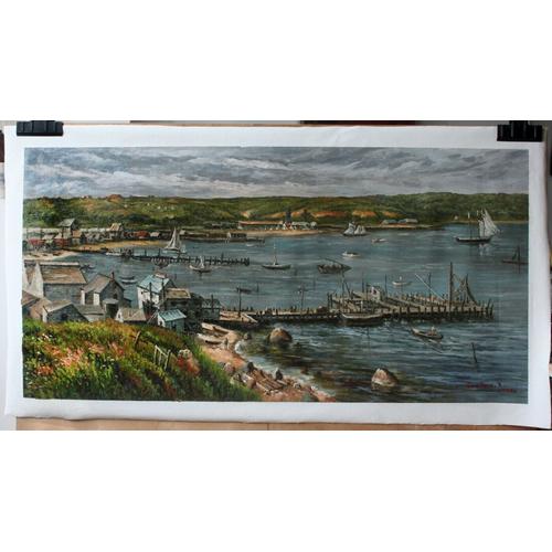 Beaux-Arts Repro Paysage Peinture À L'huile Sur Toile Une Ancienne Cité Balnéaire