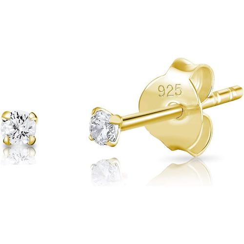 2 Mm Boucles D'oreilles Femme Argent 925 - Mini/Petits/Moyens Clous Puces D'oreilles Plaqu¿¿ Or Jaune Et Oxyde De Zirconium