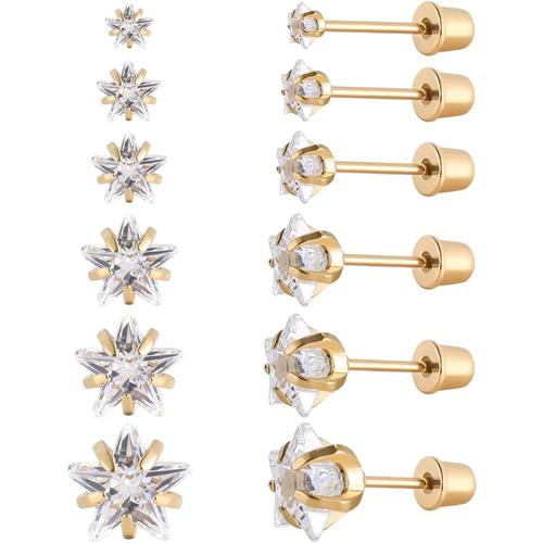 Gold Star Screw Back Lot De 6 Paires De Clous D'oreilles En Acier Inoxydable Chirurgical Avec Vis Arri¿¿Re Plaqu¿¿ Or 18 Carats En