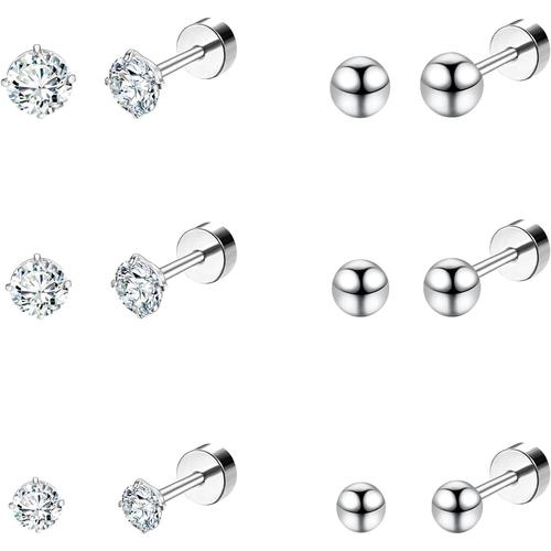 6 Paires Titane Boucles D'oreilles Femme Homme", Lot Zyrconium Boucle D Oreille," Cartilage Helix Piercing Ronde Cubique Zircone