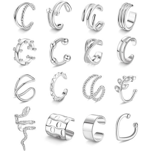 Ton Argent 16 Pcs Clip Boucles D'oreille Pour Femmes Hommes R¿¿Glables Ear Cuff Manchette D'oreilles Non-Piercing Cartilage Clip Sur