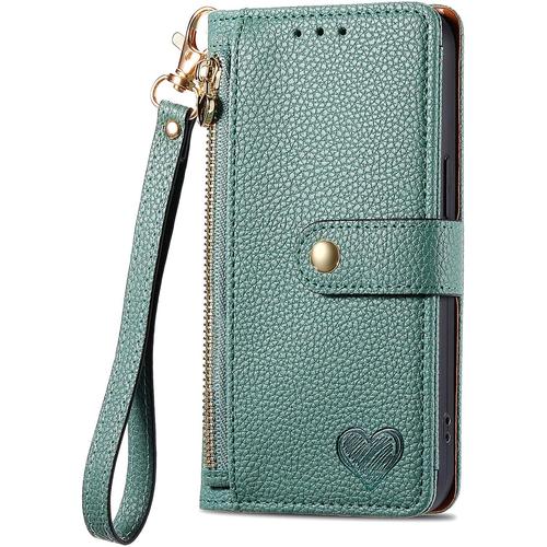 Porte Monnaie Femme Pour Xiaomi Mi 11 Lite 5g Étui Housse Zipper Bag Coque En Pu Cuir Fermeture Magnétique Porte-Monnaie En Cuir Wallet En Cuir Porte-Cartes En Cuir Pour Xiaomi Mi 11 Lite 5g Vert