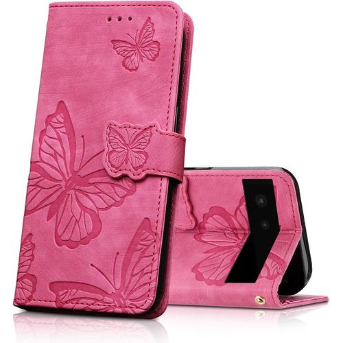 Atesvgist Coque Pour Google Pixel 6, Housse En Cuir Pu Etui À Rabat,Magnétique Pochette Portefeuille Étui De Protection Pour Google Pixel 6, Rosa Rossa