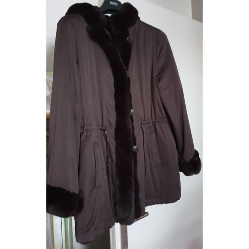 Manteau Chic Vraie Fourrure Et Satinette Réversible Avec Capuche