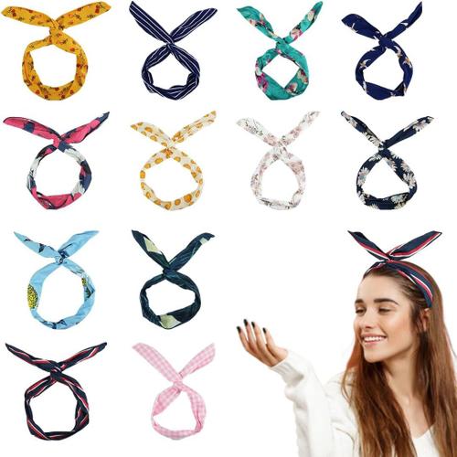 12-Ss 12pcs Twist Bow Wired Headbands", Bandeau En Fleur De Fer Nou¿¿ Noeud De Fer, Bandeau T¿ºte De Yoga Wraps Sport," Vintage Imprim¿¿