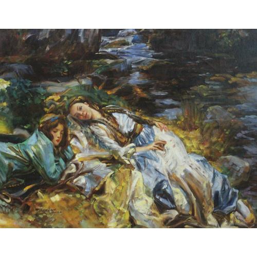 Reproduction Ancien Maître John Singer Peinture À L'huile Argent The Brook Filles Détente