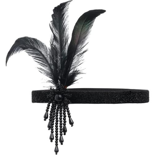 Noir Headband Plume", Noir Bandeau Plume Accessoire Vintage Annee 20," Bandeau Charleston Femme 1920 Avec Noir D¿¿Coration En Cristal