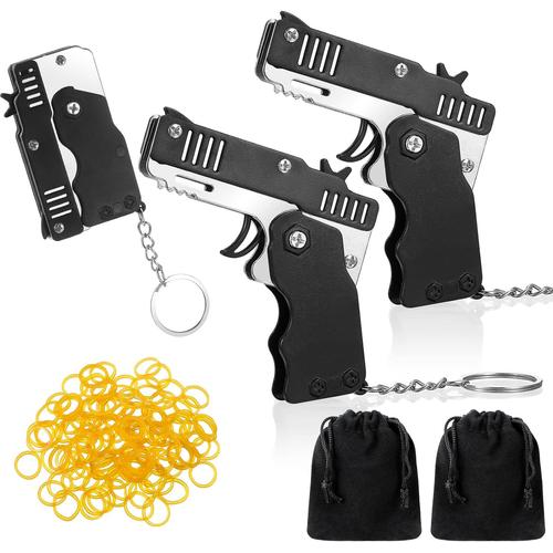 Noir 2 Jouets De Pistolets À Élastique Pliables En Métal Jouets De Tirer L'élastique En Caoutchouc À Porte-Clés Portable Avec 120