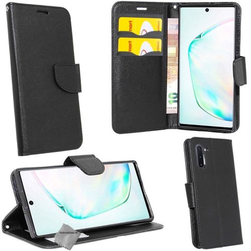 Housse Etui Coque Pochette Portefeuille Pour Samsung Galaxy Note 10 + Verre Trempe - Noir / Noir
