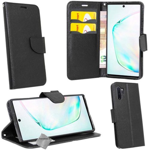 Housse Etui Coque Pochette Portefeuille Pour Samsung Galaxy Note 10+ Plus + Film Ecran - Noir / Noir