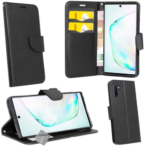 Housse Etui Coque Pochette Portefeuille Pour Samsung Galaxy Note 10+ Plus + Verre Trempe - Noir / Noir