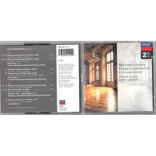 Mendelssohn Concerto Pour Piano Et Orchestre N°1 Op 25 N°2 Op 40 Capriccio Op 22 Rondo Op 29 Concerto En Mi & En La Par Peter Katin Brenda Lucas Ogdon Jorge Bolet London Dir Collins Martinon Marriner